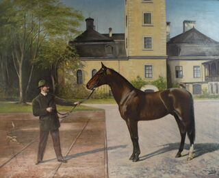 Eugen Grimmer mit Traber vor Schloss Donaudorf 