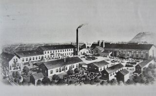 Fabriksgelänge, ganz rechts die Halle 1910