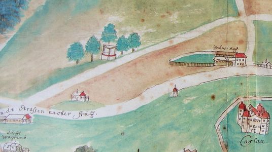 Der Plachelhof (über dem Wort "Gräz" und das Hochgericht 1735 (StLA Weintazkarte)