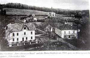 GH Schwarzer Hund, das Hamerlinghaus und die Villa um 1910 (aus Reiter, Stifting)