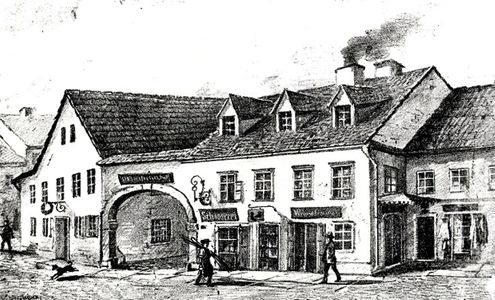 Das noch nicht verkleinerte Haus vor 1895 (Lith. Wintersteiner, Sammlung Laukhardt)