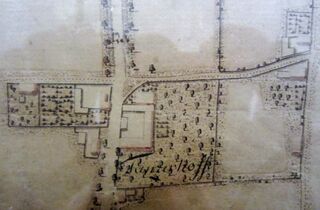 Von links nach rechts die Alte Poststraße. Die Stelle des Kreuzwirts ganz rechts 1798 (StMG, Strnad-Plan) 